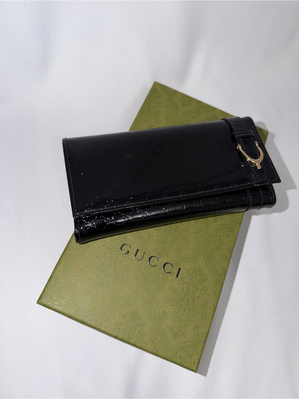 Gucci Black Patent Leather Long Wallet With Gold Accent